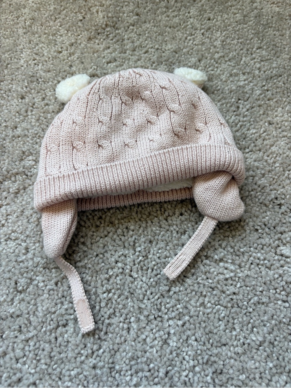 GAP Pink Knit Earflap Hat with Cream Poms